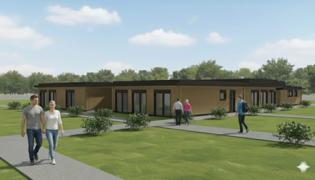 Eingeschossige Blockhaus mit Flachdach und geradliniger Architektur